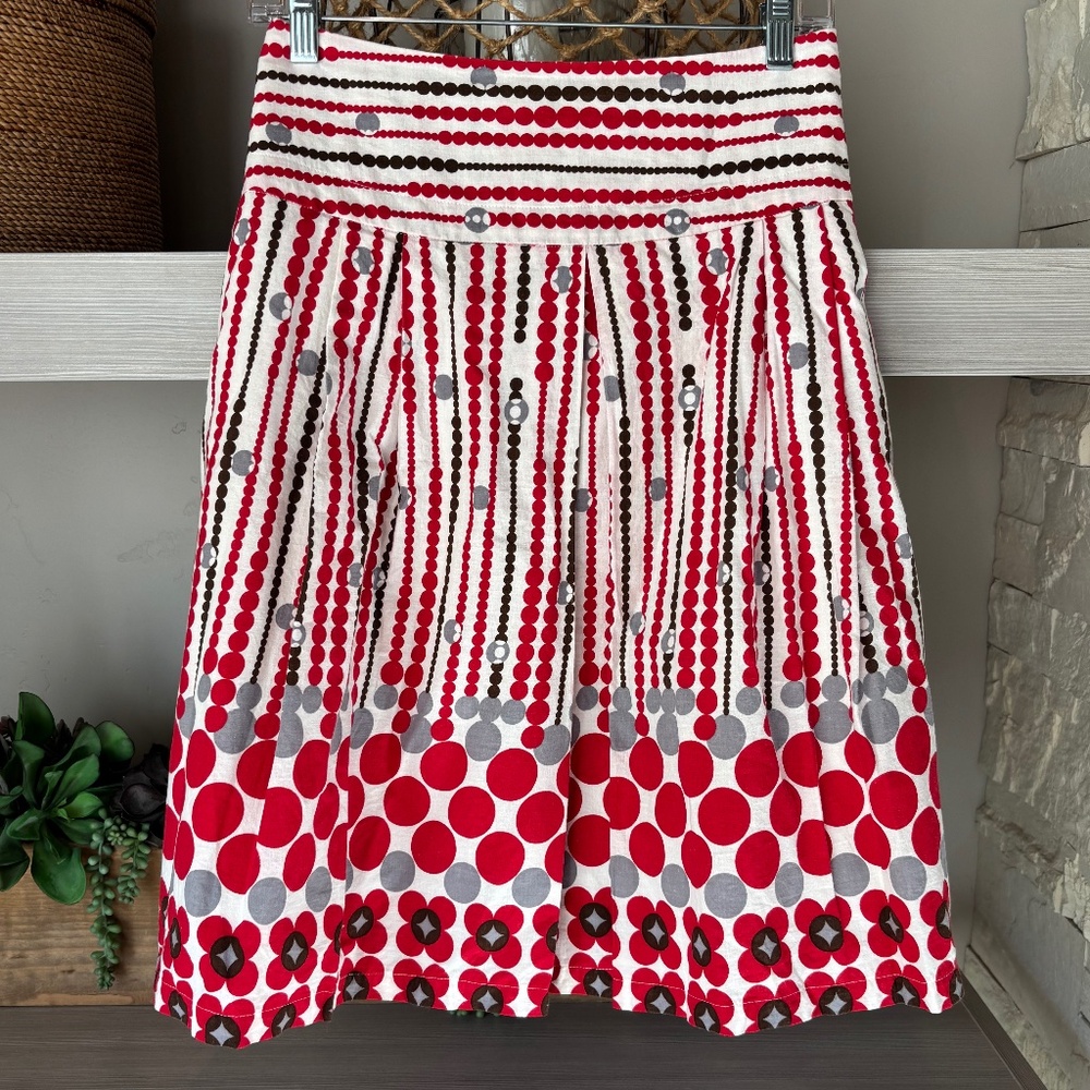 DownEast Cotton Pleated Pattern Skirt (Red Gray White Brown) Fully Lined